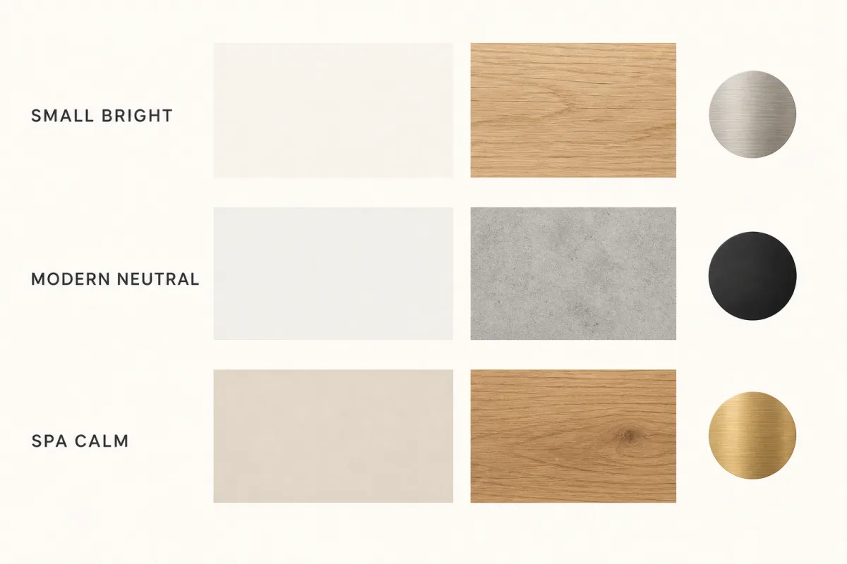 Base, supporting and accent color swatches for small, modern neutral and spa-inspired bathrooms