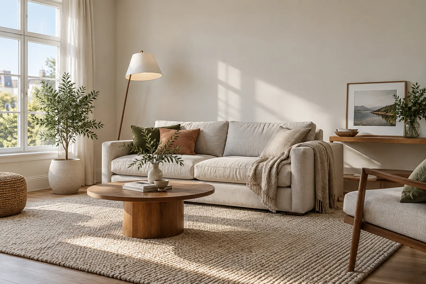 Rented living room styled with a rug, floor lamp, cushions and a plant without fixing to the walls.