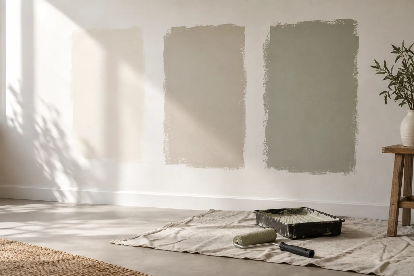 Three painted color patches on a wall beside a roller and paint tray.