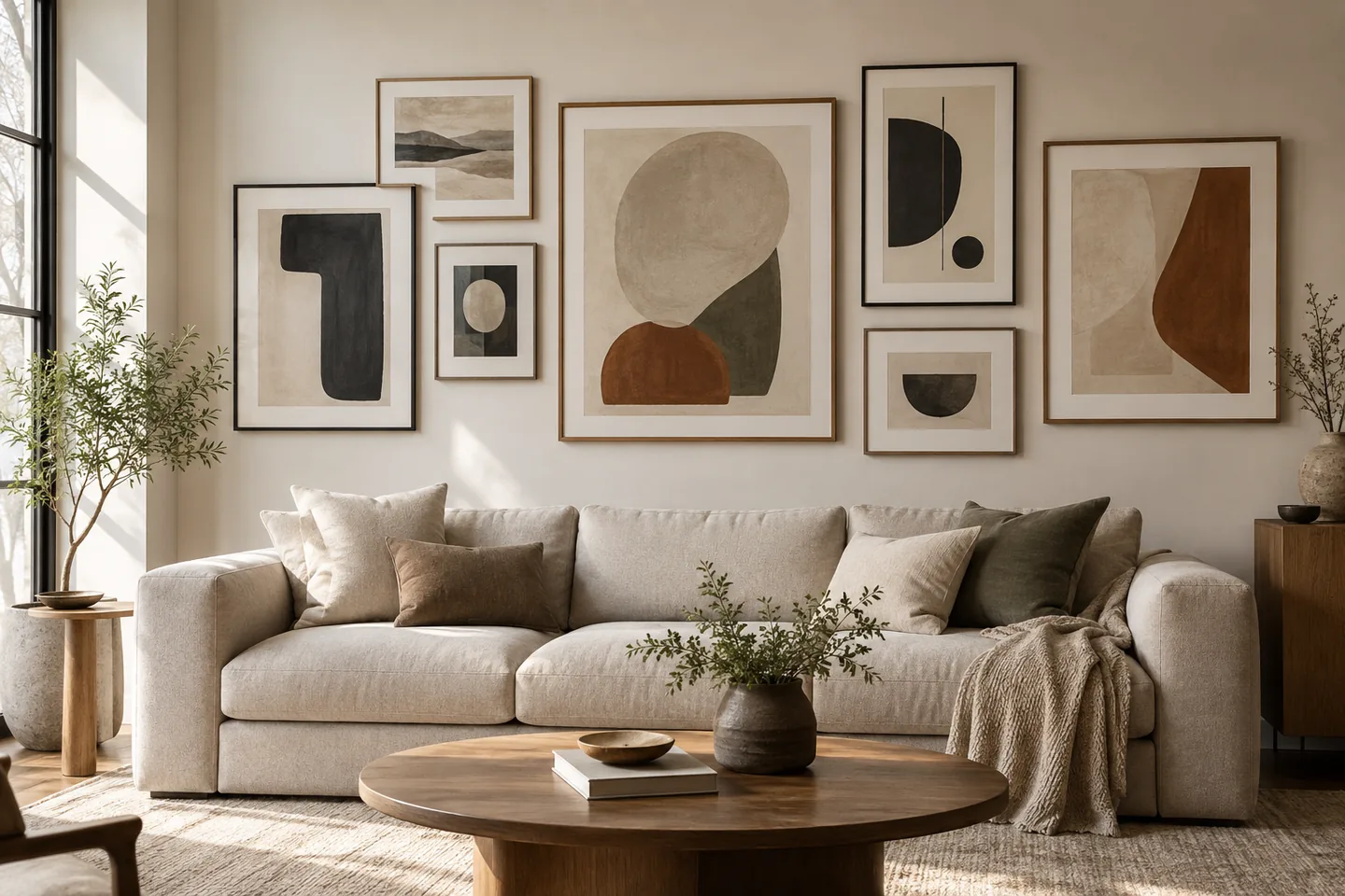 Gallery wall of mixed-size framed abstract prints above a sofa.