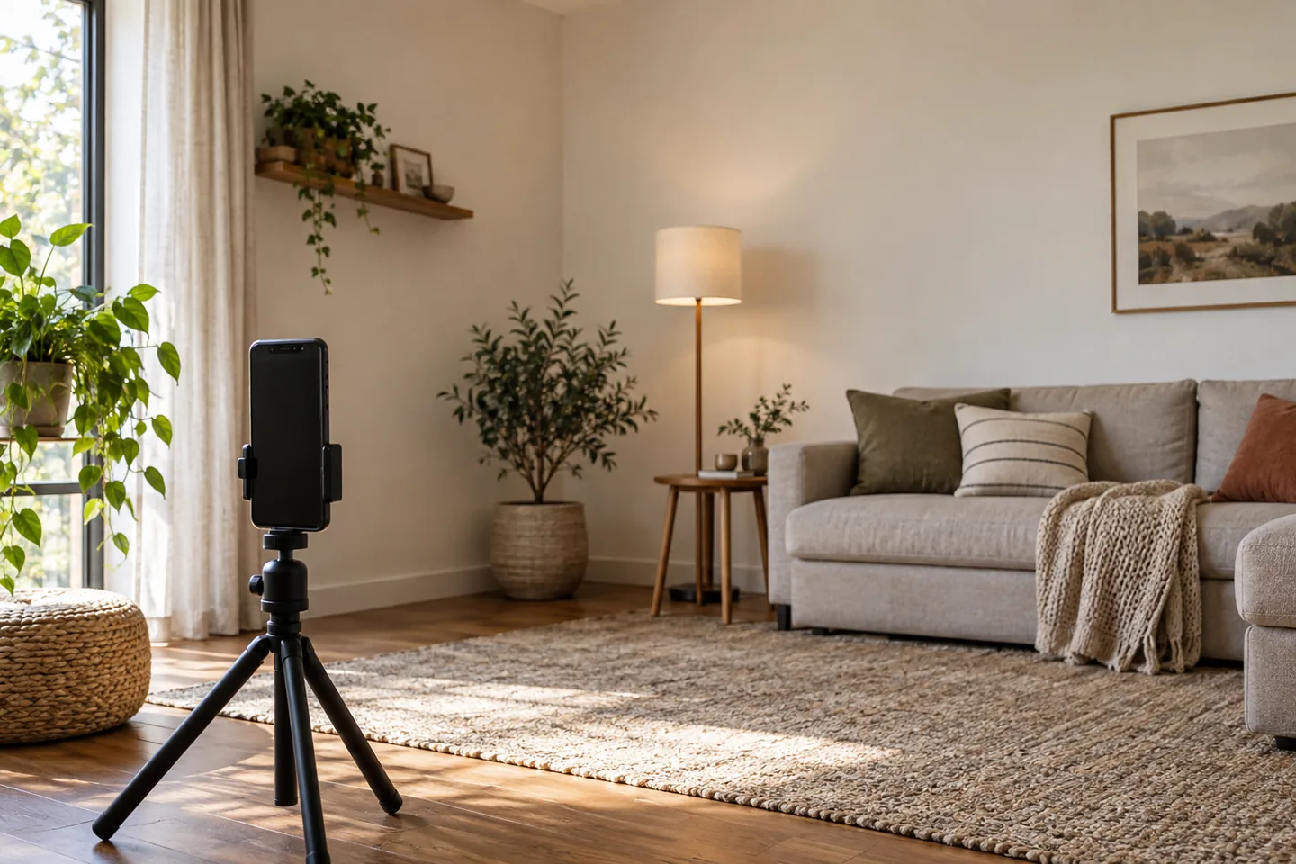 Phone on a small tripod photographing a living room corner in natural daylight.