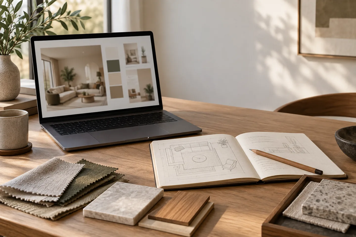Notebook with a hand-drawn room sketch beside a laptop and material samples.
