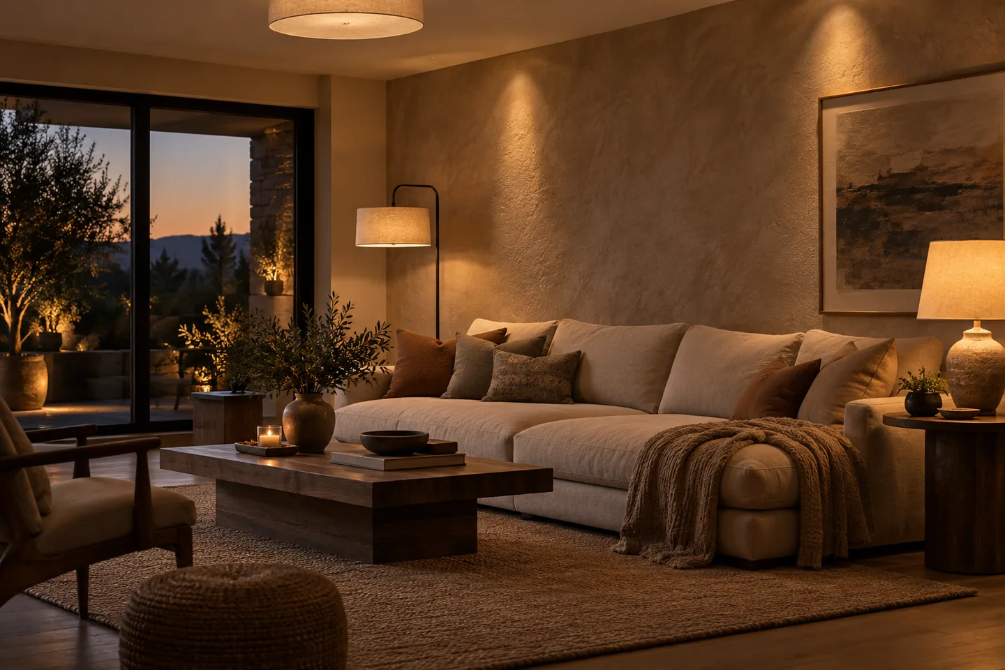 Living room at night with layered lighting from a ceiling fixture, floor lamp and table lamp.