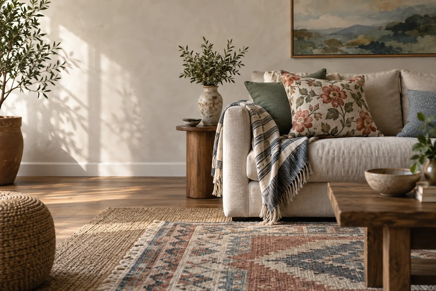 Neutral sofa with layered patterned cushions, a striped throw and a geometric rug.