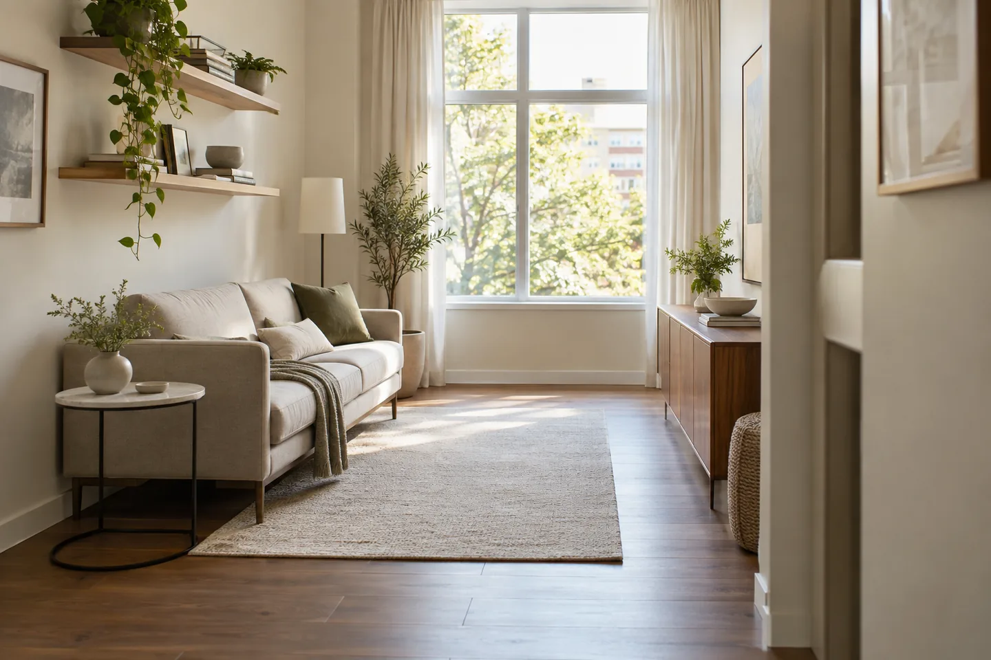 Compact living room with slim furniture and a clear walkway to the window.