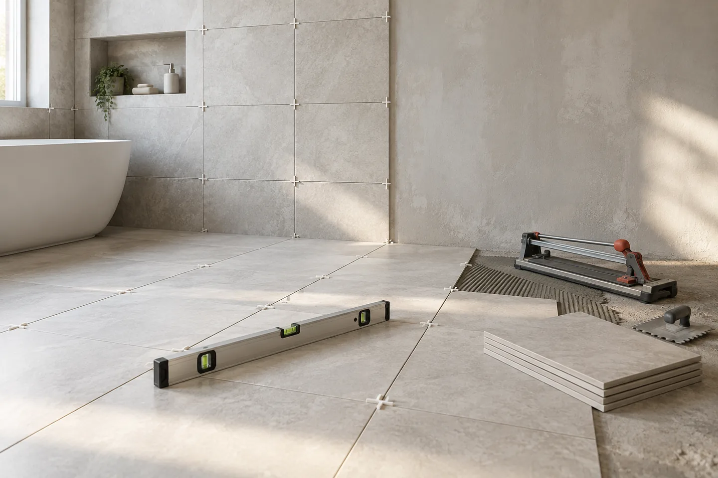 Large-format tiles being laid in a consistent grid with spacers and a level.