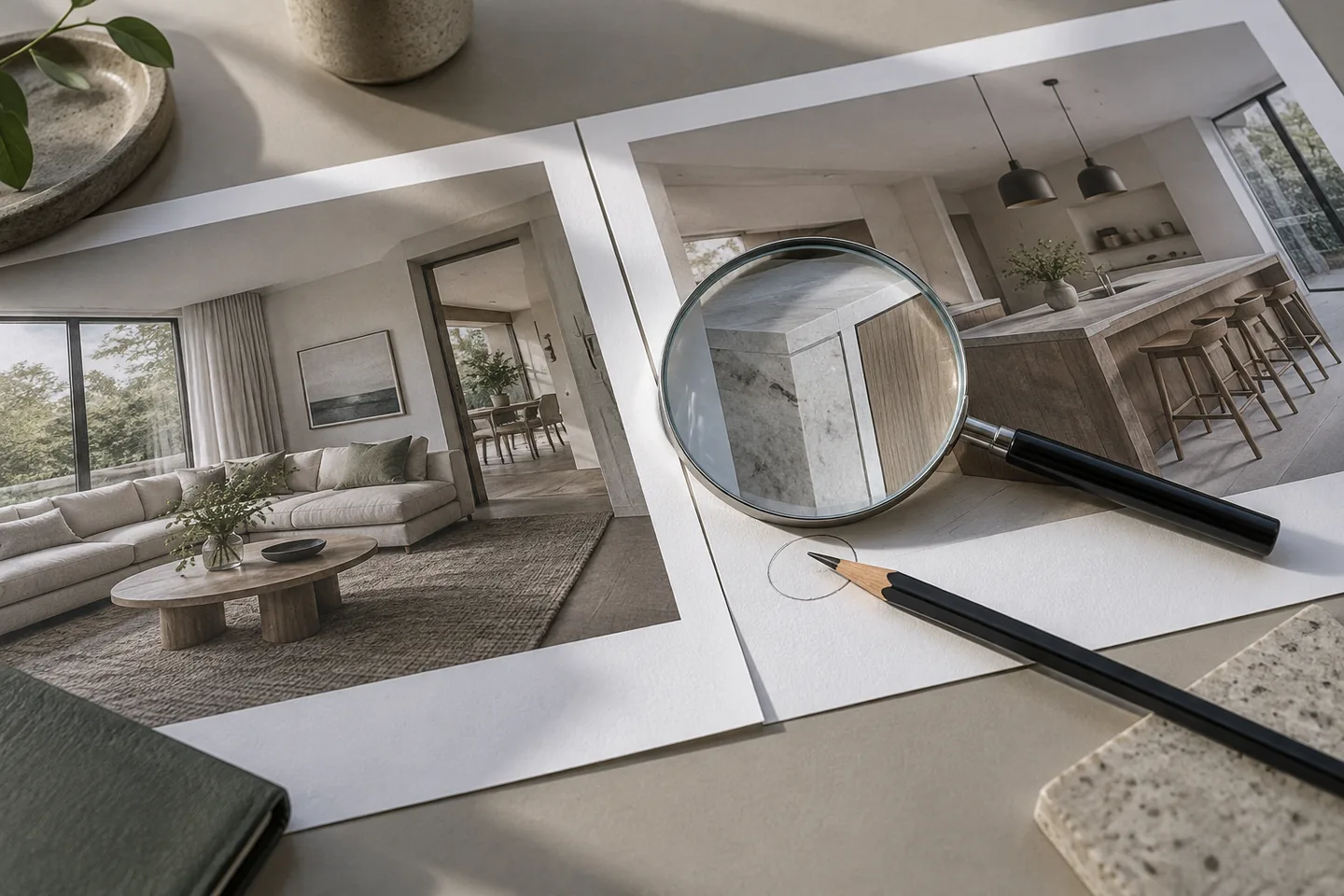 Printed interior render views on a desk with a magnifier and pencil.