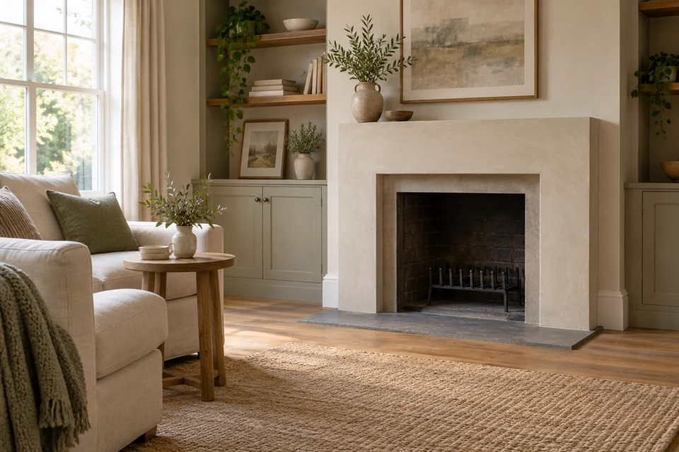 Original illustrative living room with an unlit fireplace and restrained mineral-plaster surround