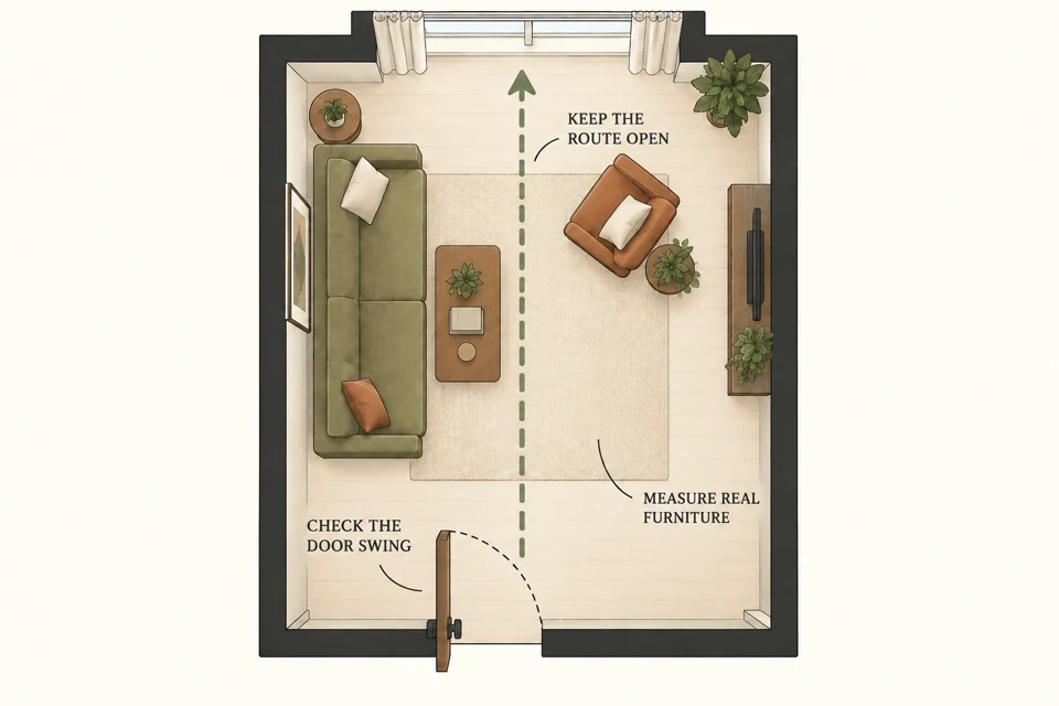 Illustrative concept of narrow apartment furniture fit with a clear central walking route