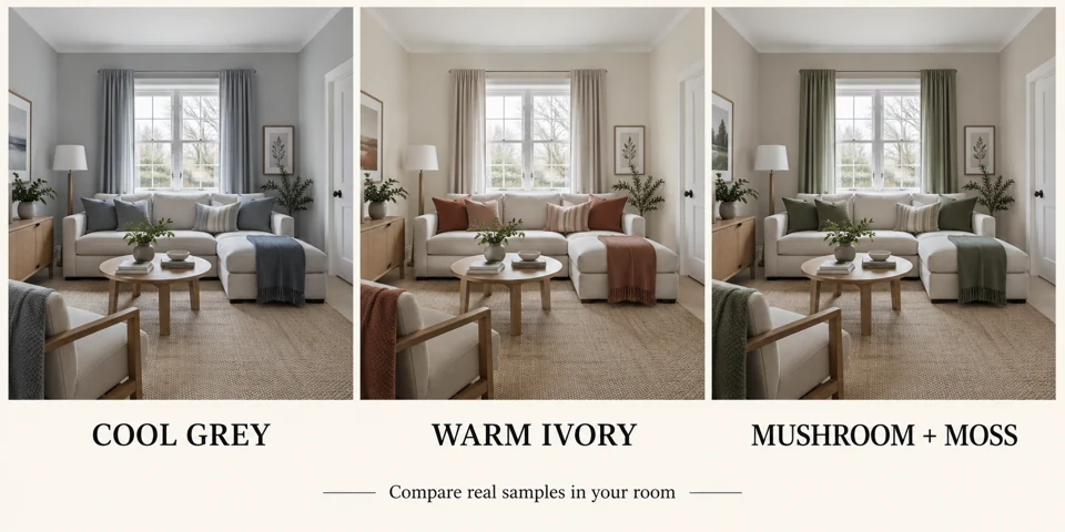 Illustrative concept of the same room with cool grey, warm ivory and mushroom with moss color directions