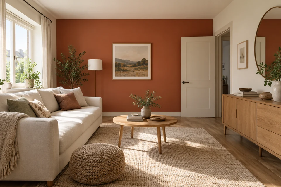 Original illustrative apartment living room with one muted terracotta accent wall and the other walls warm off-white