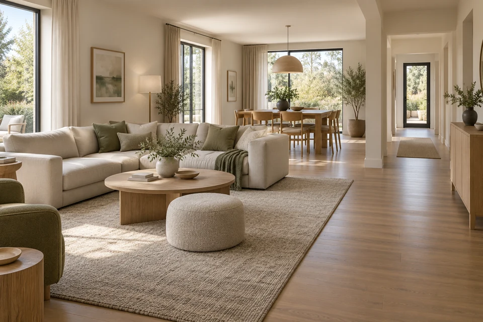 Original illustrative open-concept living and dining zones with a clear side circulation path