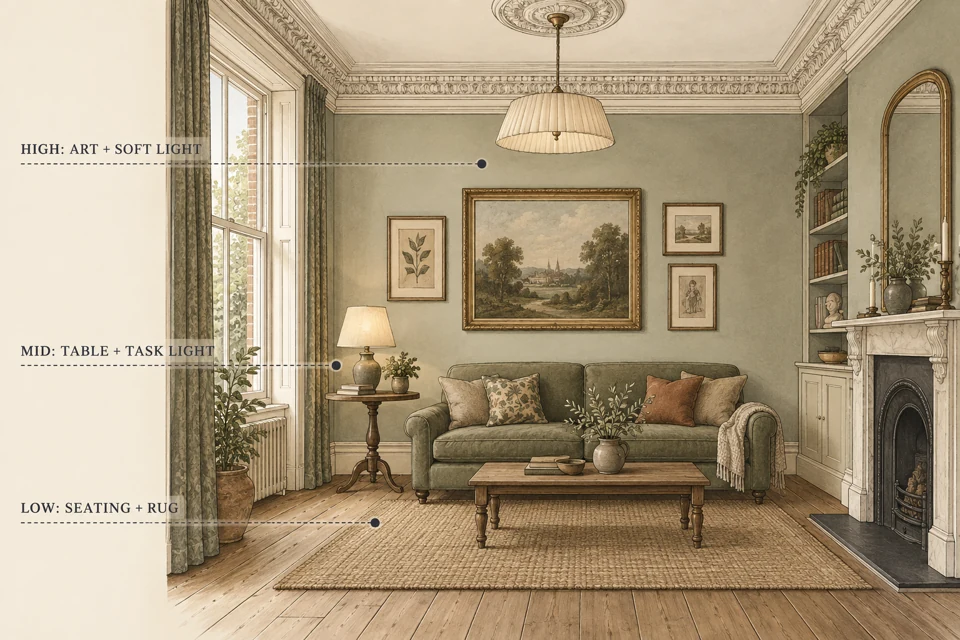Illustrative concept of Victorian sitting-room concept with low seating, middle task lighting and upper artwork layers