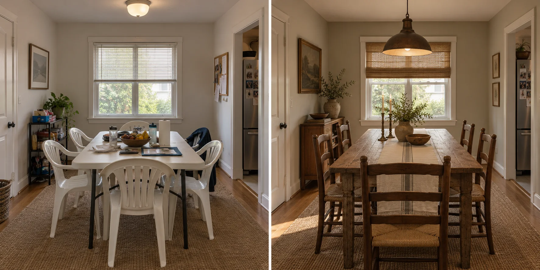 Rustic dining room shown before and after a design concept from the same viewpoint