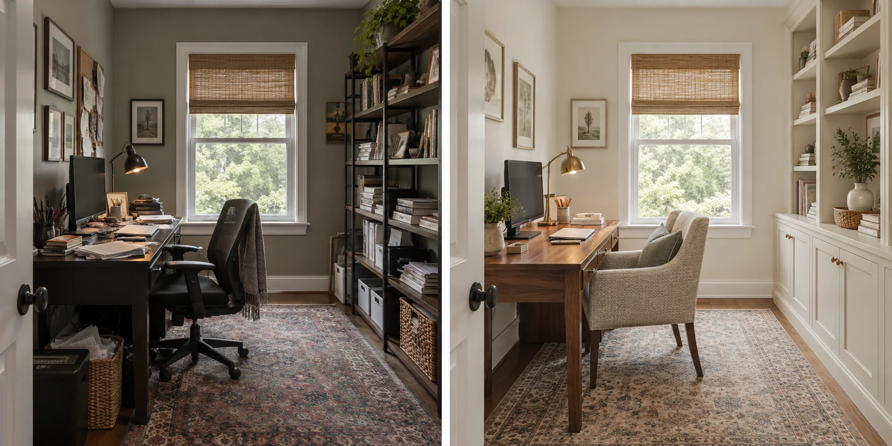 Transitional home office shown before and after a design concept from the same viewpoint
