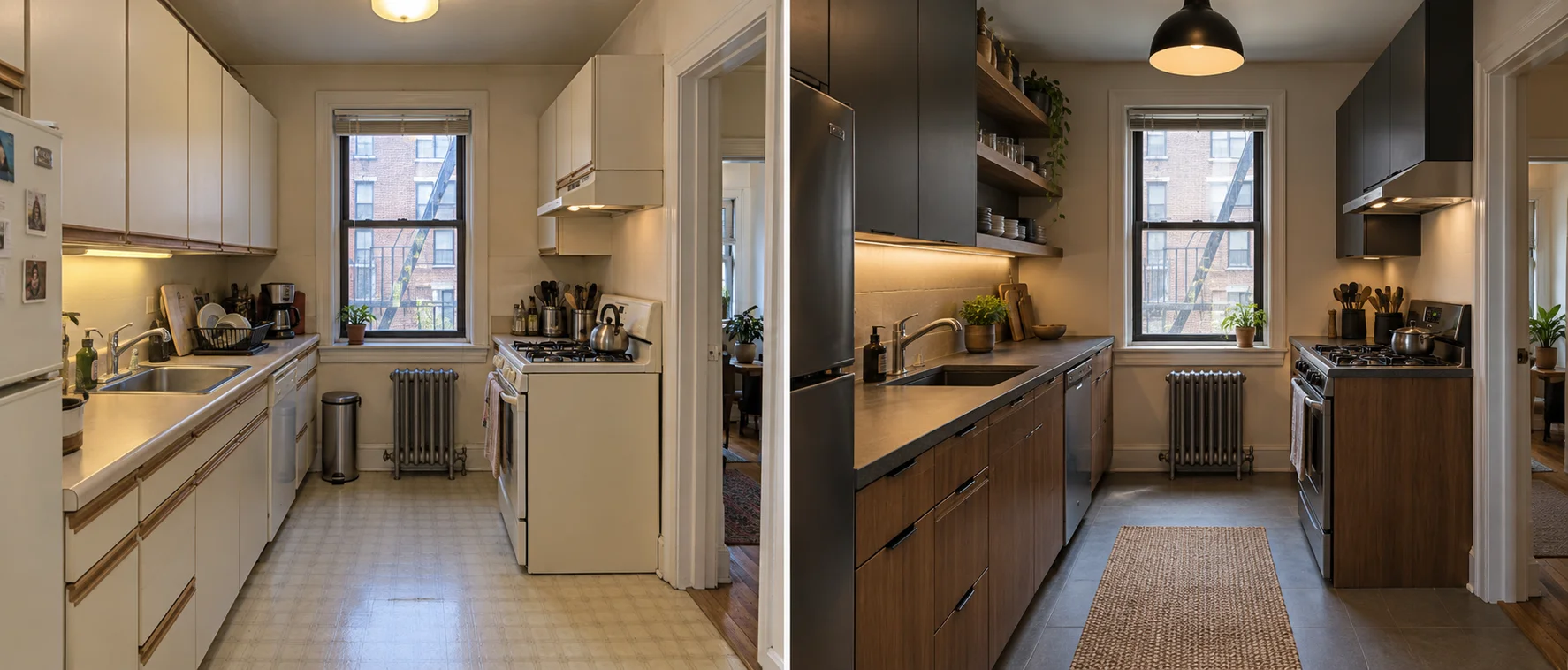 Urban loft kitchen shown before and after a design concept from the same viewpoint