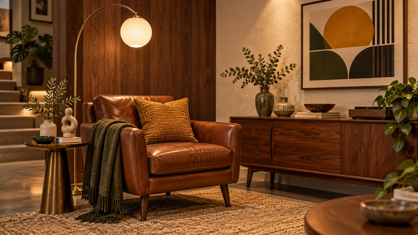 Mid-century basement detail with wood veneer, leather chair and warm directional light