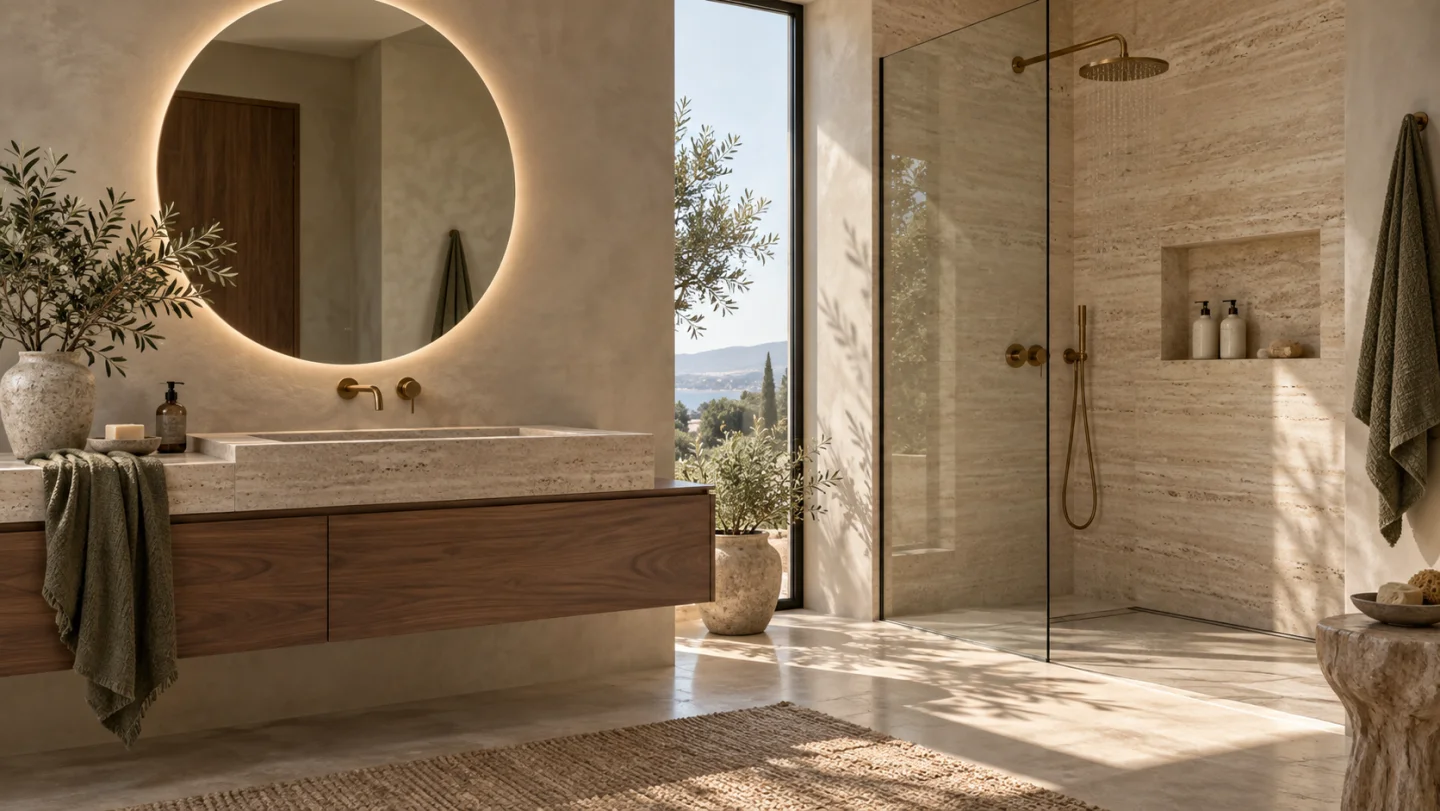Finished bathroom with tiled walls and floor.