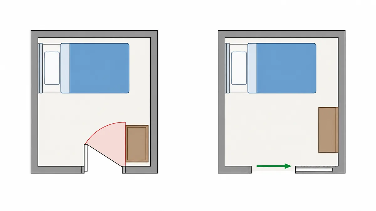Diagram comparing a standard door swing with a pocket door in a small room.