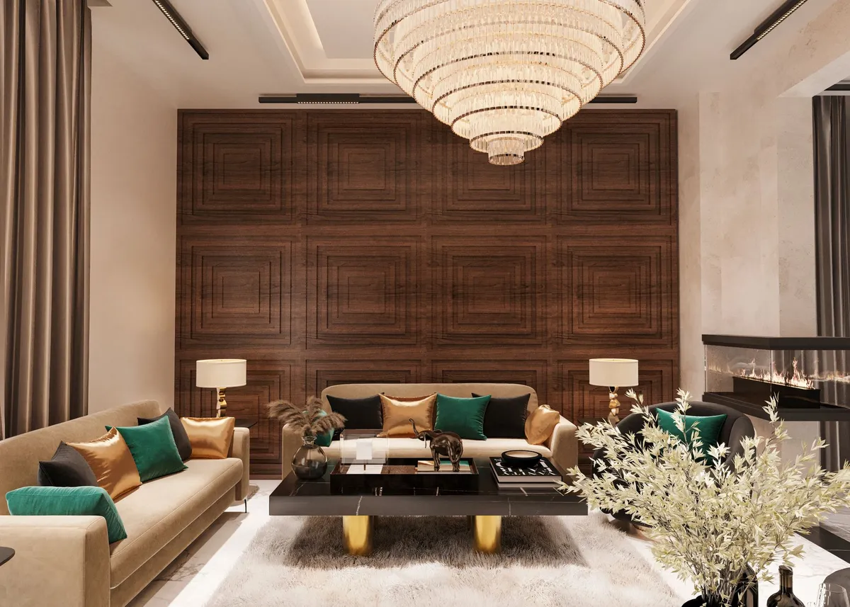 Dining room with dramatic deep blue accent wall and warm rattan pendant lighting