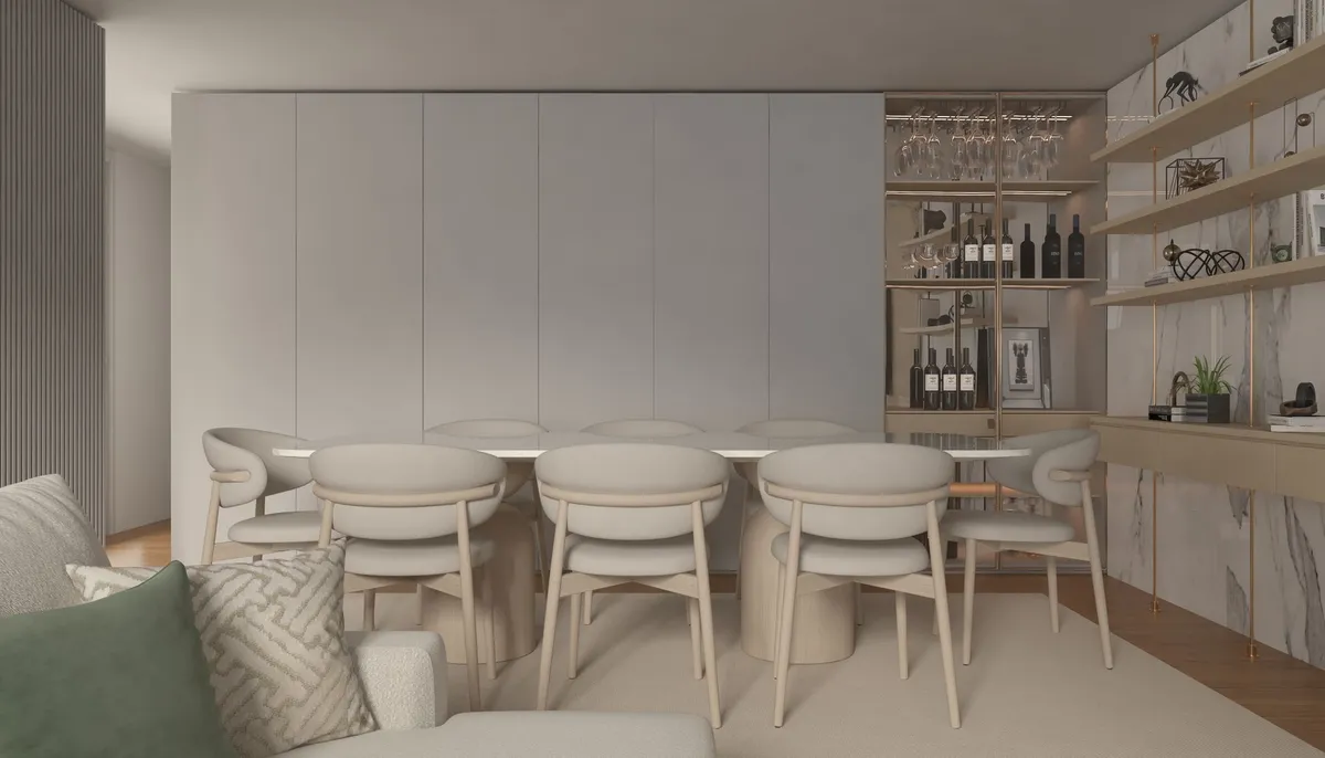 Modern dining room with statement pendant light over wood table