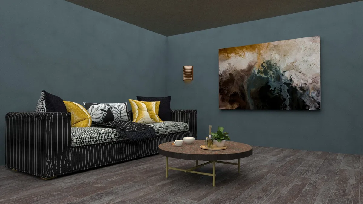 Interior design planning session with laptop showing room render options