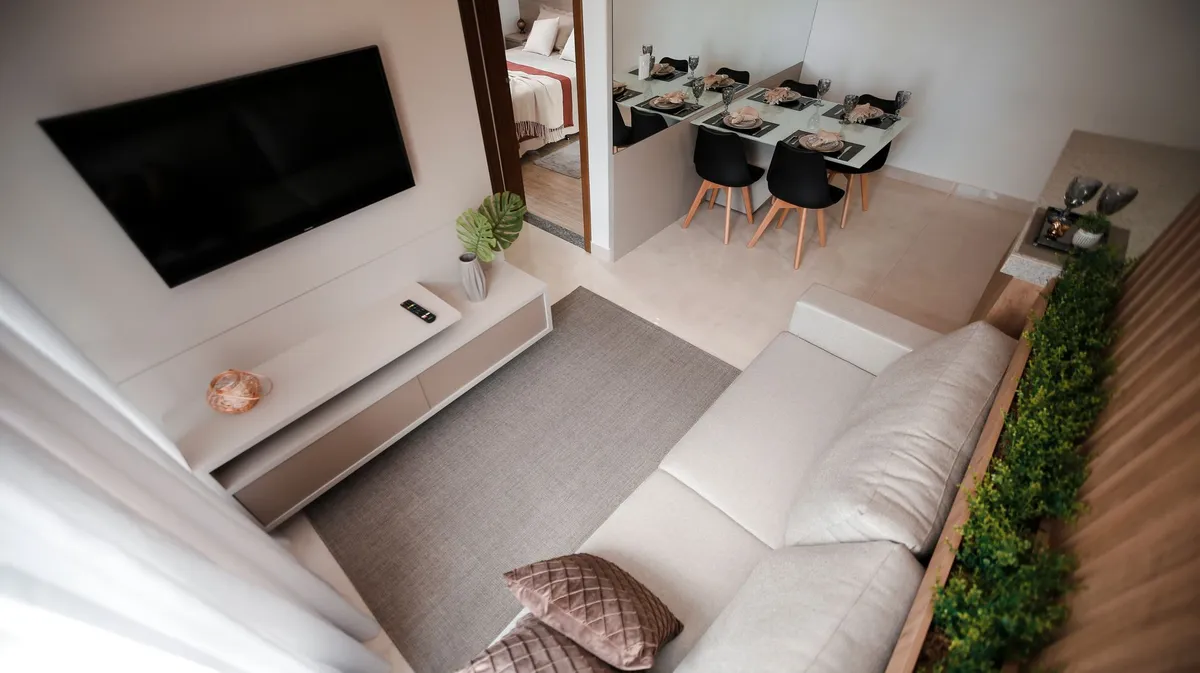 Before and after virtual home staging comparison showing empty room and AI-furnished version for real estate marketing