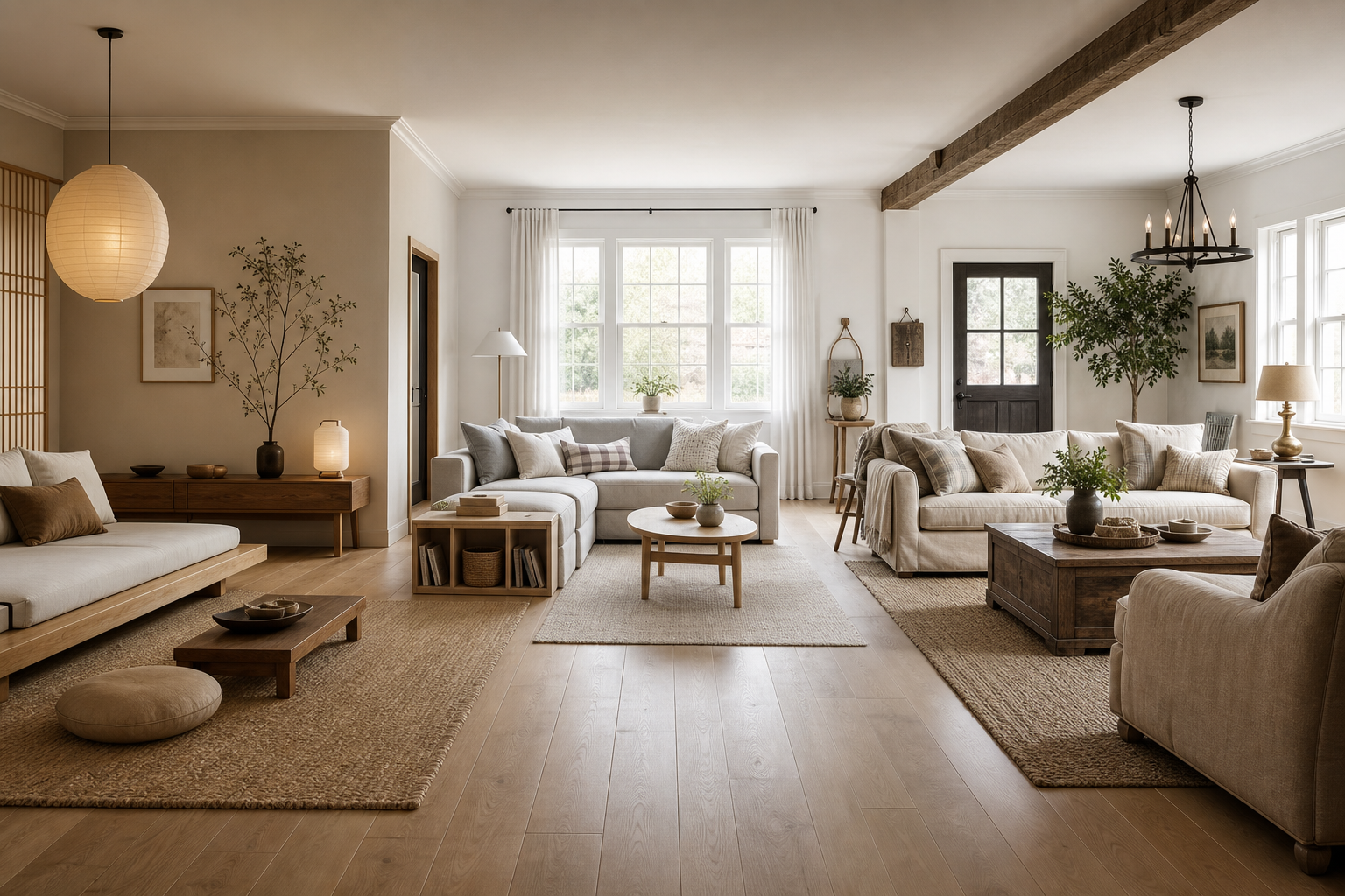 One living room shown as three practical interior style directions while its fixed layout remains visible