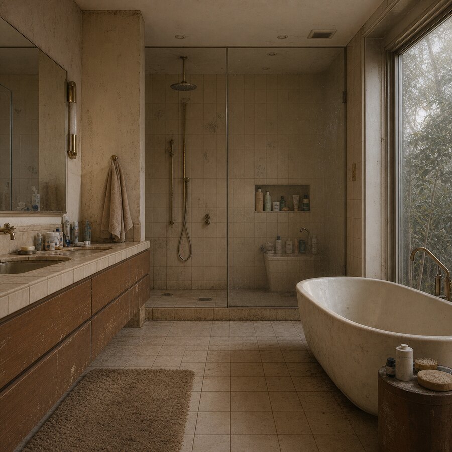 Before: small dated bathroom with older finishes