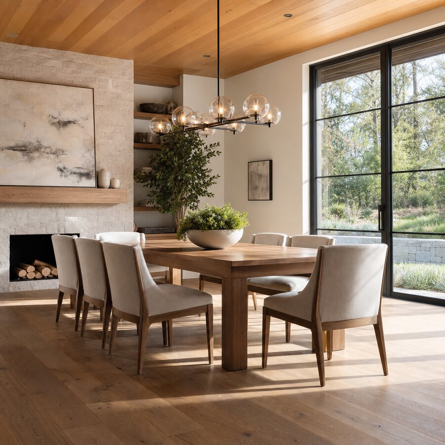 Dining room after online AI redesign with updated table, lighting, rug, and color ideas