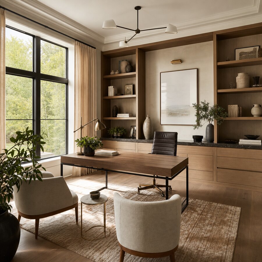 Small home office after makeover with improved desk, storage, lighting, and style