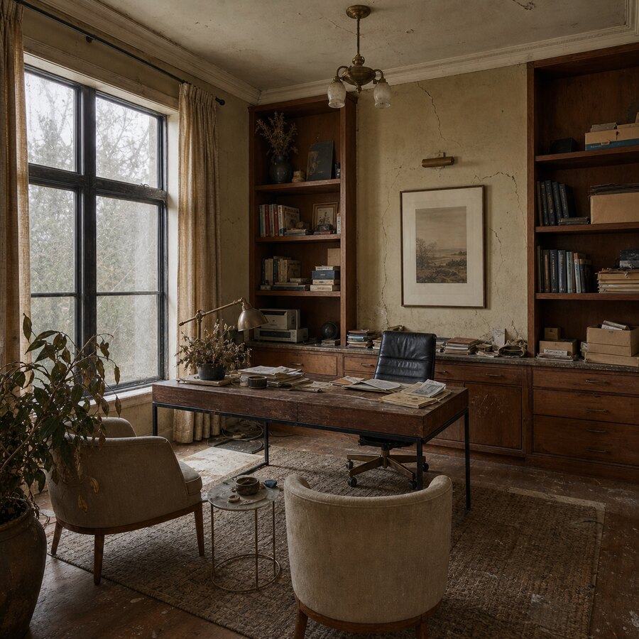 Small home office before makeover with a basic desk setup